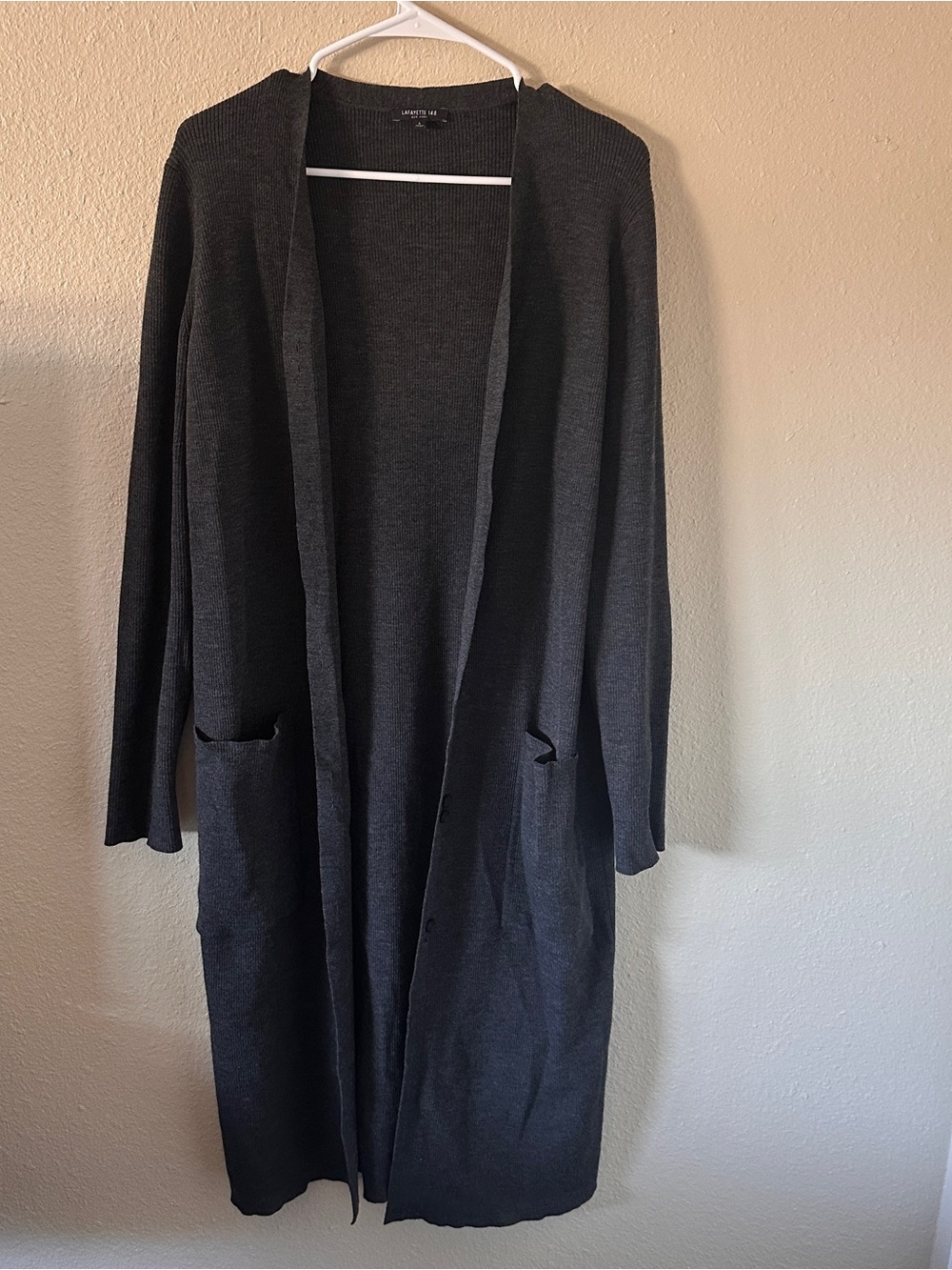Lafayette 148 Long Buttons Charcoal Cardigan Sweater Women’s L Wool Blend DEFECT